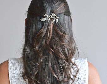Vintage bronze wedding hair jewelry. Barrette, clip, pin, delicate fine rhinestone leaf tiara, minimalist, refined romantic