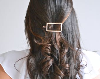 Minimalist square rectangle bar. Hair jewel, gold clip, silver, ring. Fine, refined, boho, shiny, simple silver accessory