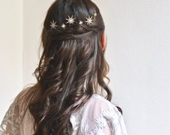 Combs, stars, set of 10 clips, barrettes, crown, tiara, diadem, celeste, bride, gold, bronze, jewelry, wedding hair, boho, hairstyle