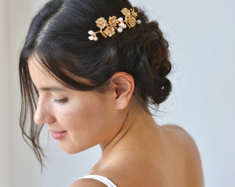 Peigne mariage, fleur dorée, or, cheveux bijou de tête, or, feuille, branche, coiffure, pic, délicat, mariée, boheme, romantique, accessoire