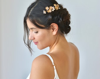 Peigne mariage, fleur dorée, or, cheveux bijou de tête, or, feuille, branche, coiffure, pic, délicat, mariée, boheme, romantique, accessoire