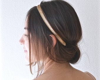 Headband- bijou de cheveux- bandeau mariée-serre tête doré, paillettes dorées. Coiffure mariage bohème, romantique, délicat, fin, bronze or