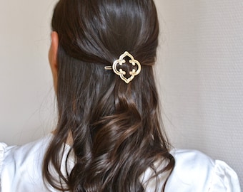 Barretta floreale minimalista, trifoglio. Gioiello per capelli, fermaglio dorato, anello in argento Accessorio raffinato, boho, lucido, damigella d'onore