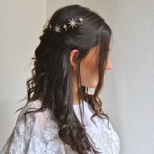 Peignes, étoiles, starburst, pinces, barrettes, couronne, tiare, diadème, celeste, mariée, or, bronze, cheveux mariage, bohème, coiffure image 3