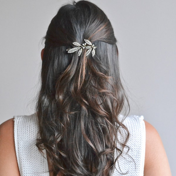 Bijou de cheveux mariage vintage bronze. Barrette, pince, épingle, tiare diadème feuille strass fin délicat, minimaliste, raffiné romantique