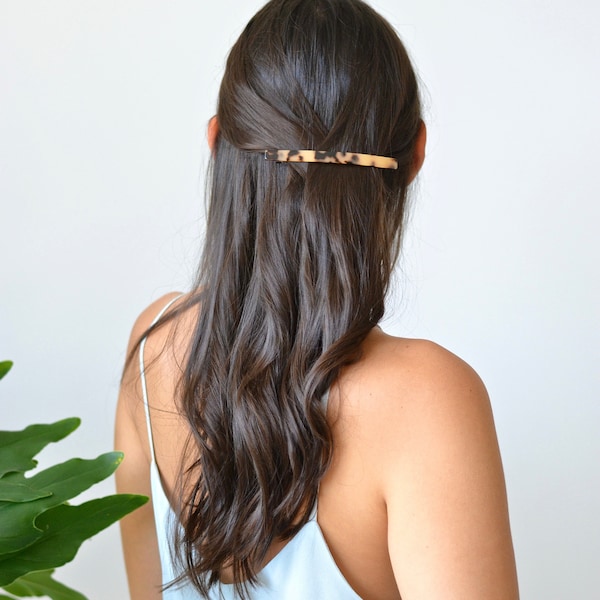 Barrette minimaliste, moderne, géométrique, ligne, rectangle, écaille tortue, pince cheveux, accessoire fin bohème, simple, marron, acétate