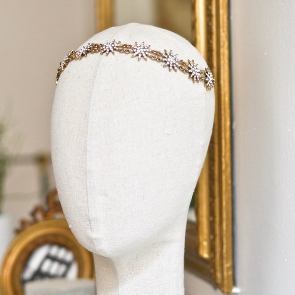 Headband, Couronne, Starburst, or, doré, bandeau, serre-tête, étoiles, chaîne, diadème, tiare, mariée, bijou, cheveux, mariage, bohème