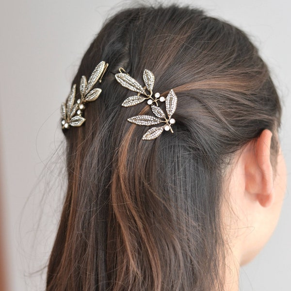 Jewel of vintage hair bronze wedding. Barrette, pliers, pin, tiara lot 2 delicate, minimalist, refined romantic fine leaves
