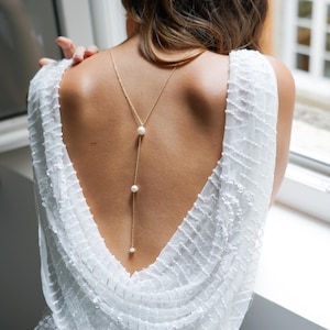 Natural pearl back necklace, bridal accessories, body jewelry, shoulder chain, romantic boho wedding, dress back neckline