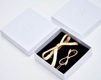 Christmas gift box S, two gold silver bow tie bars, hair accessory, modern, woman, girl, single, personalized gifts