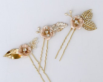 Pink spike, pearls, Comb, flower bride, golden leaves, gold hair, vintage romantic boho wedding jewel, antique, bridesmaid