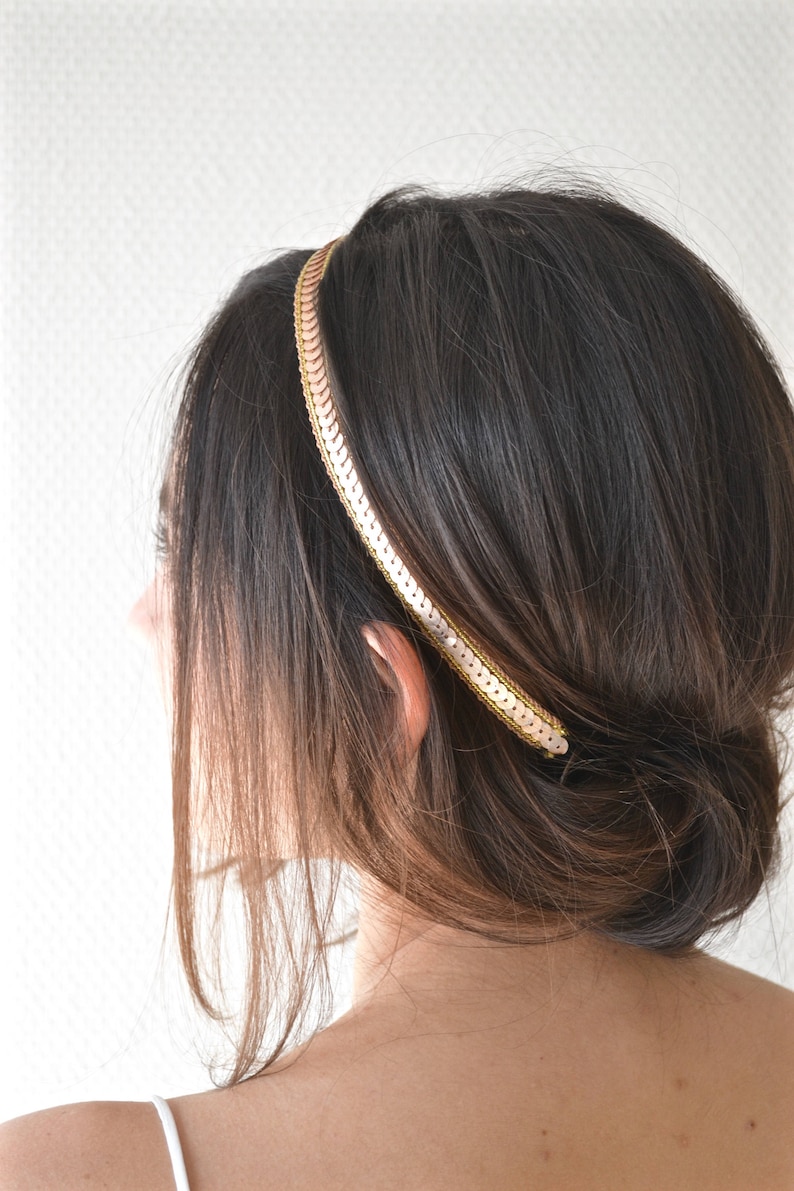 Headband hair jewel bridal headband-golden headband, golden sequins. Boho wedding hairstyle, romantic, delicate, fine, bronze gold image 3