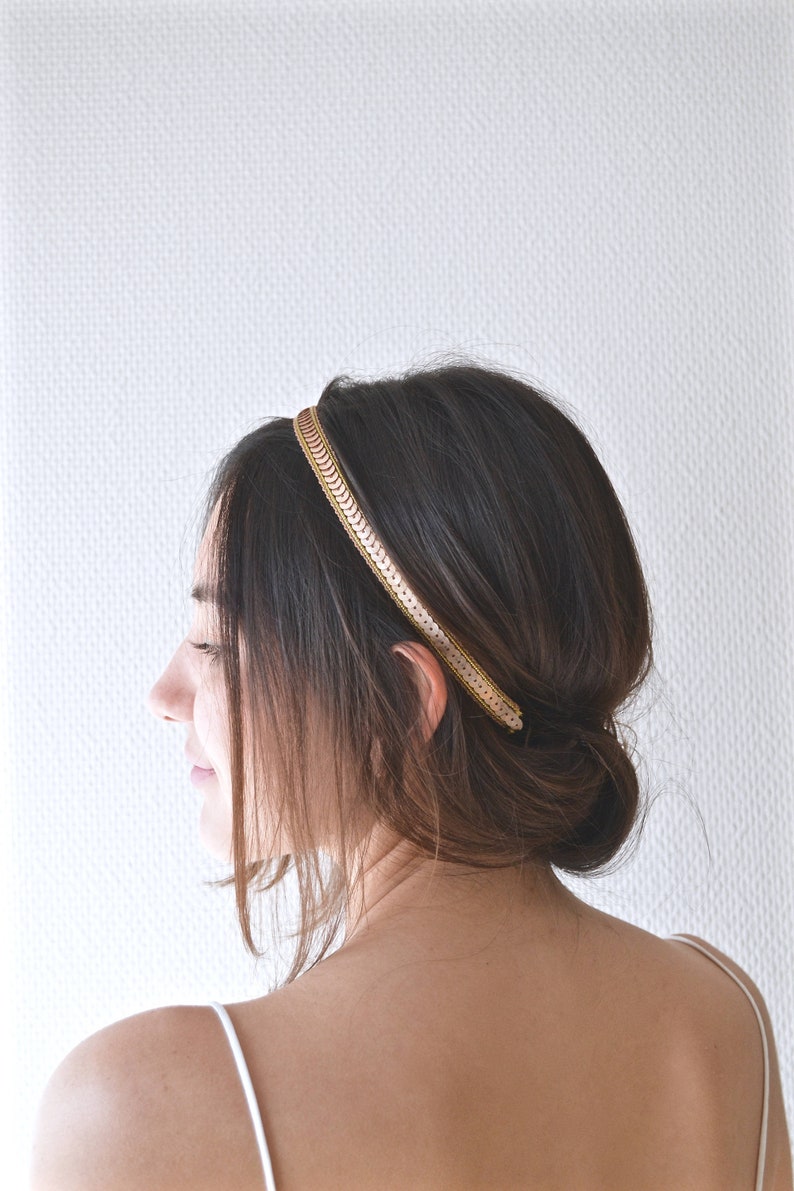 Headband hair jewel bridal headband-golden headband, golden sequins. Boho wedding hairstyle, romantic, delicate, fine, bronze gold image 1