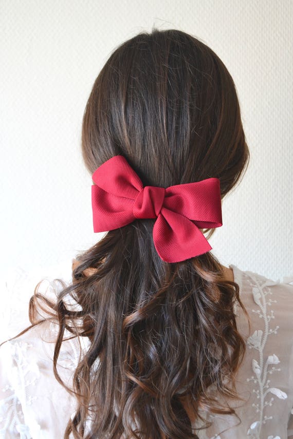 AtelierLilac Large Bow Tie Hair Barrette in Light Pink or Red Fabric, Bridesmaid. Wedding, Romantic, Cute Accessory.