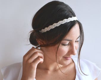 Headband, headband, woven design headband, embroidered white wedding. Boho head jewel, romantic, delicate.