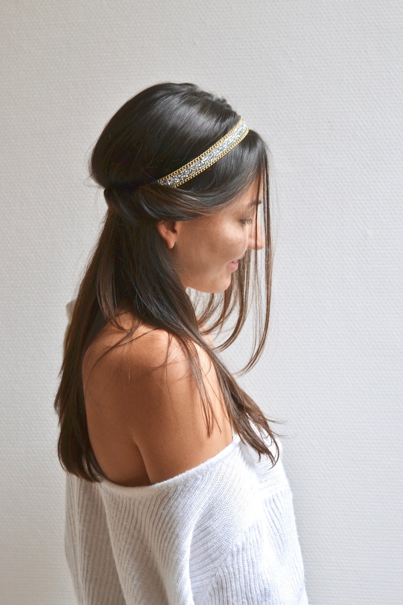 Headband cristaux or et chaînes fines argent pour mariée