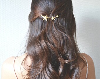 Golden wedding hair jewelry. Barrette, clip, pin, gold star tiara. Fine delicate, minimalist, refined romantic accessory