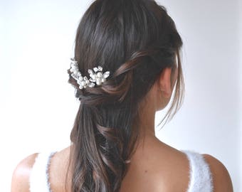 Wedding head jewel. Hair pic/bun-comb-bridal pin silver crystals beads. Bohemian, magical, romantic, delicate.