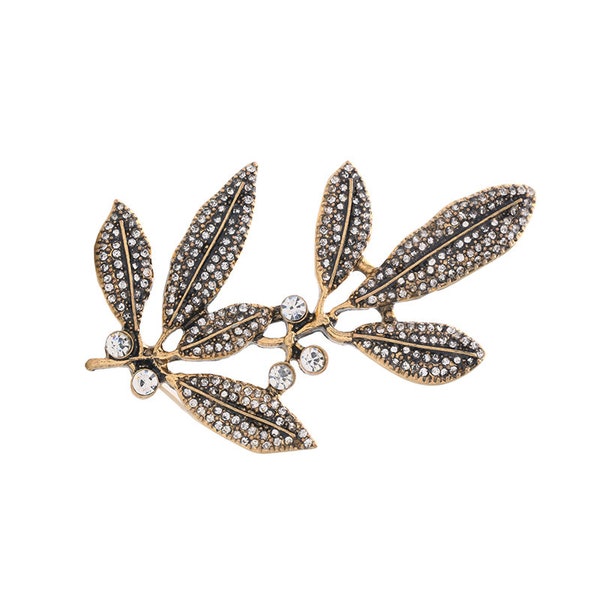 Barrette clip cheveux mariage vintage bronze. Bijou, pince, épingle,feuilles fleur branche strass fin délicat, boheme, raffiné romantique