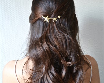 Golden wedding hair jewelry. Barrette, clip, pin, gold star tiara. Fine delicate, minimalist, refined romantic accessory