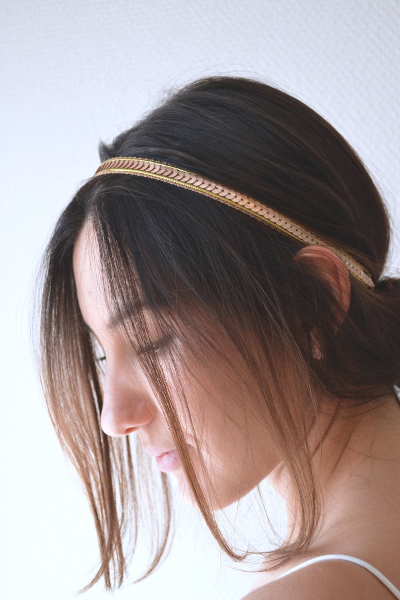 Headband hair jewel bridal headband-golden headband, golden sequins. Boho wedding hairstyle, romantic, delicate, fine, bronze gold image 4