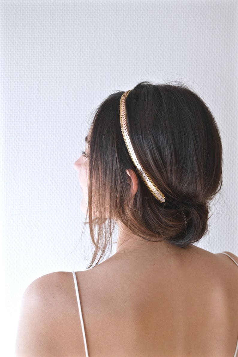 Headband hair jewel bridal headband-golden headband, golden sequins. Boho wedding hairstyle, romantic, delicate, fine, bronze gold image 5