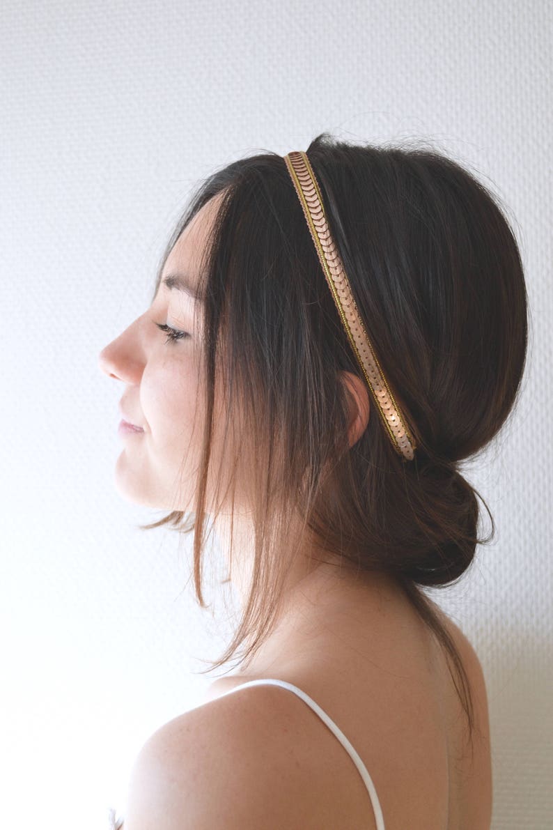 Headband hair jewel bridal headband-golden headband, golden sequins. Boho wedding hairstyle, romantic, delicate, fine, bronze gold image 2