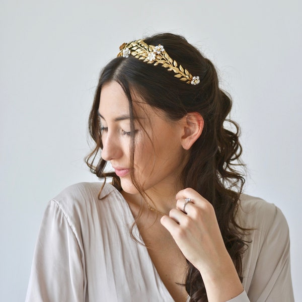 Couronne grecque, mariage, fleurs, feuilles, bandeau, diadème, parrure, déesse, cheveux, or, mariée, féerique, princesse, grec, antique