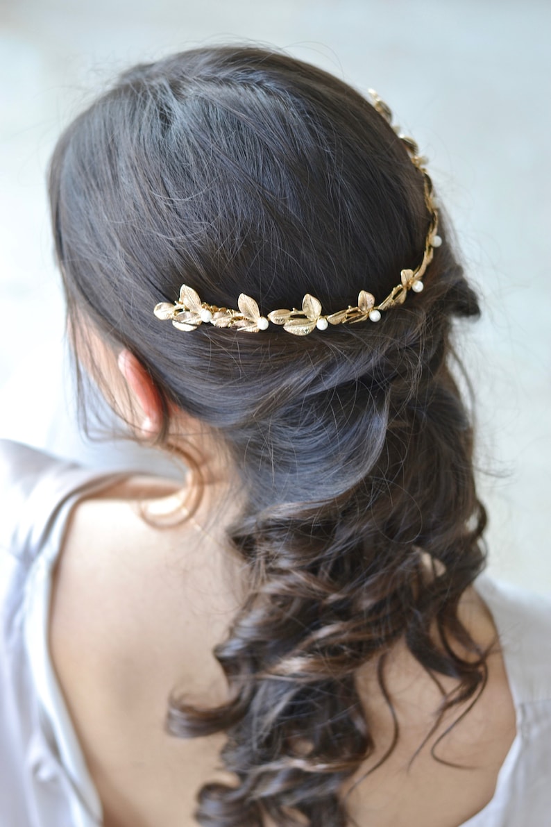 tiara flowers comb leaves gold Crown antique bride Golden jewel Greek pearls hair romantic boho Princess wedding