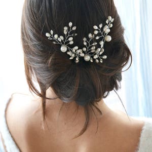 White bridal head jewel. Hair stick, comb, pin with pearls and crystals. Delicate, bohemian, romantic wedding hair accessory.