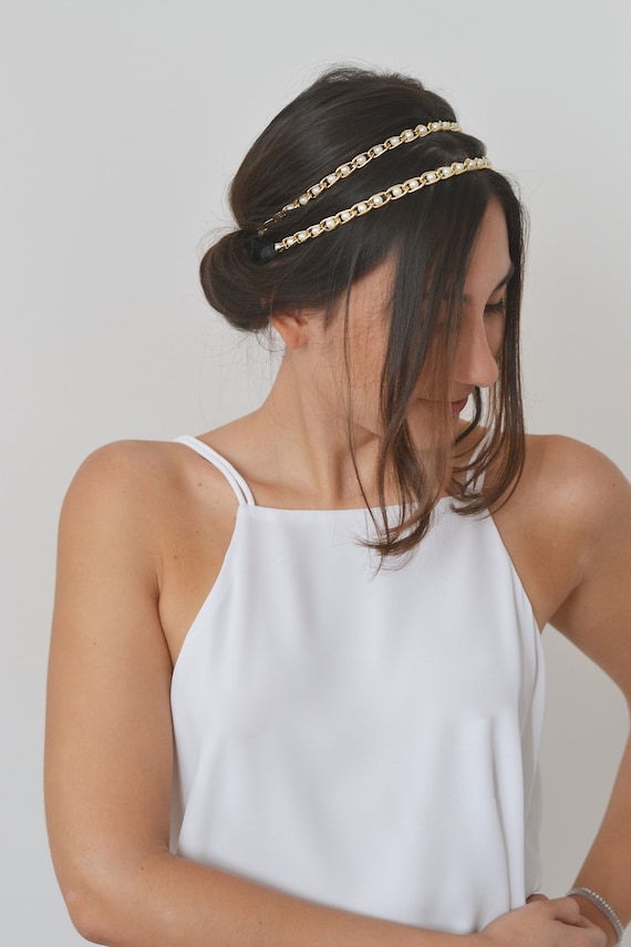 Lot 2 Headband Headband Fine Bridal Chain Gold With White  display picture 1