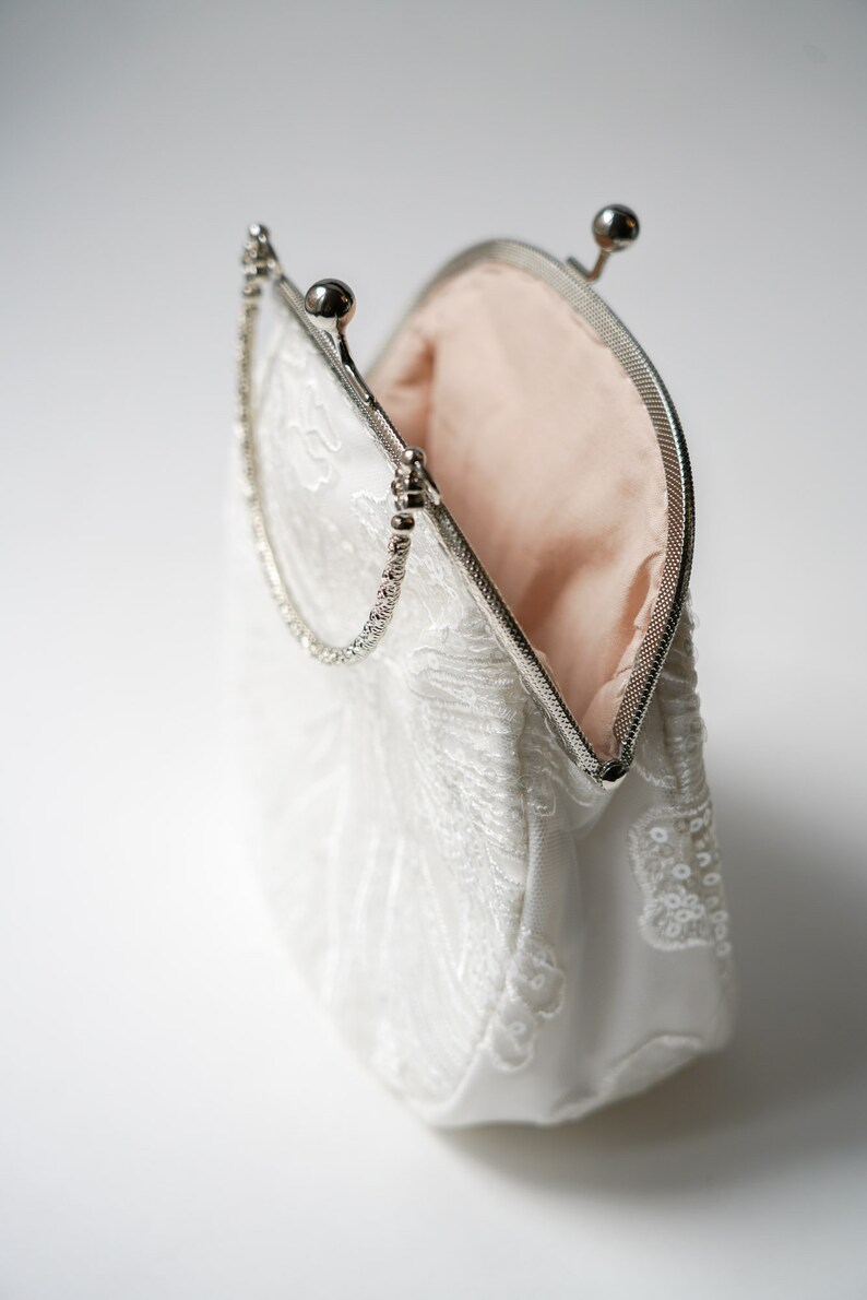Böhmische Braut-Clutch mit silberner Paillettenspitze, Vintage-Hochzeitshandtasche, retro-schicke Umhängetasche, bronzefarbenes Accessoire für die standesamtliche Trauung Bild 7