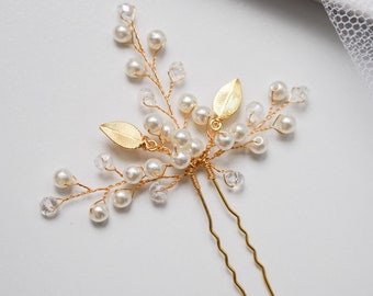 Flore - Pic à cheveux perles et feuilles dorées ou argentées, bijou de tête mariage chignon, accessoire floral cheveux