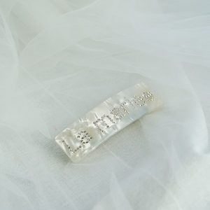The Bride hair clip, wedding gift hair accessory, white acetate and crystal word headpiece, bride-to-be gift