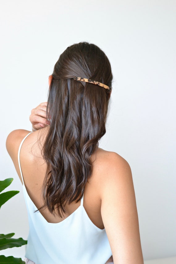Barrette minimaliste, moderne, géométrique, ligne, rectangle, écaille tortue, pince cheveux, accessoire fin bohème, simple, marron, acétate