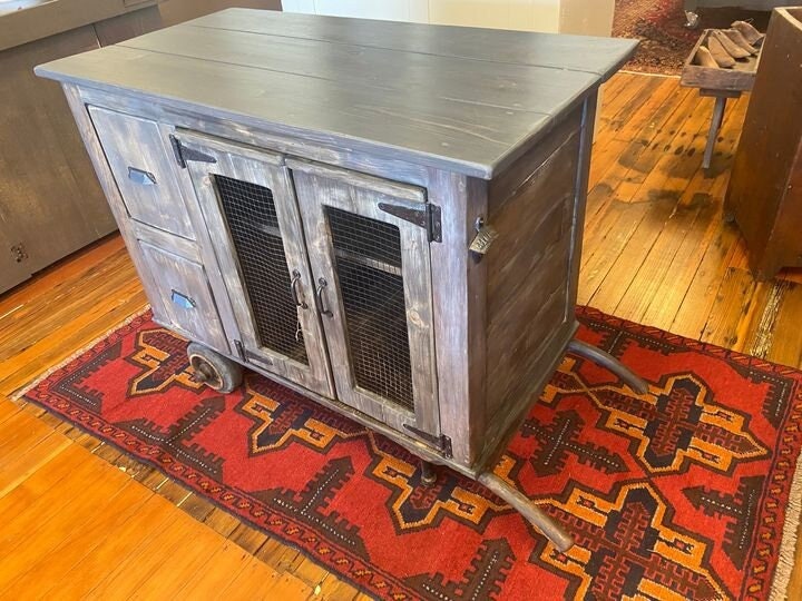 Small Industrial Kitchen Island Built On A Vintage Grain Sack Dolly