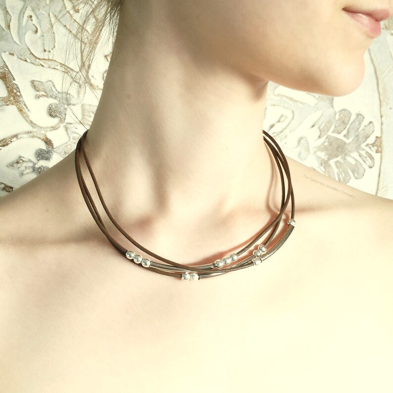Gift For Her Brown Leather Necklace Silver Leather Necklace Multi Strand Leather Necklace Stylish Genuine Goat Leather Gift for him