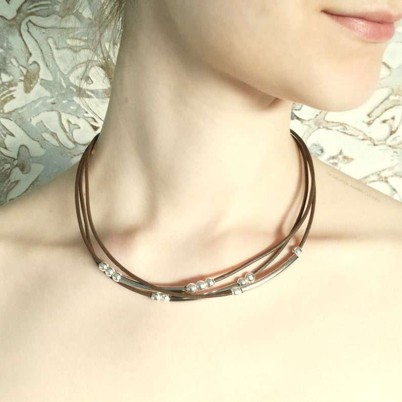 Gift For Her Brown Leather Necklace Silver Leather Necklace Multi Strand Leather Necklace Stylish Genuine Goat Leather Gift for him