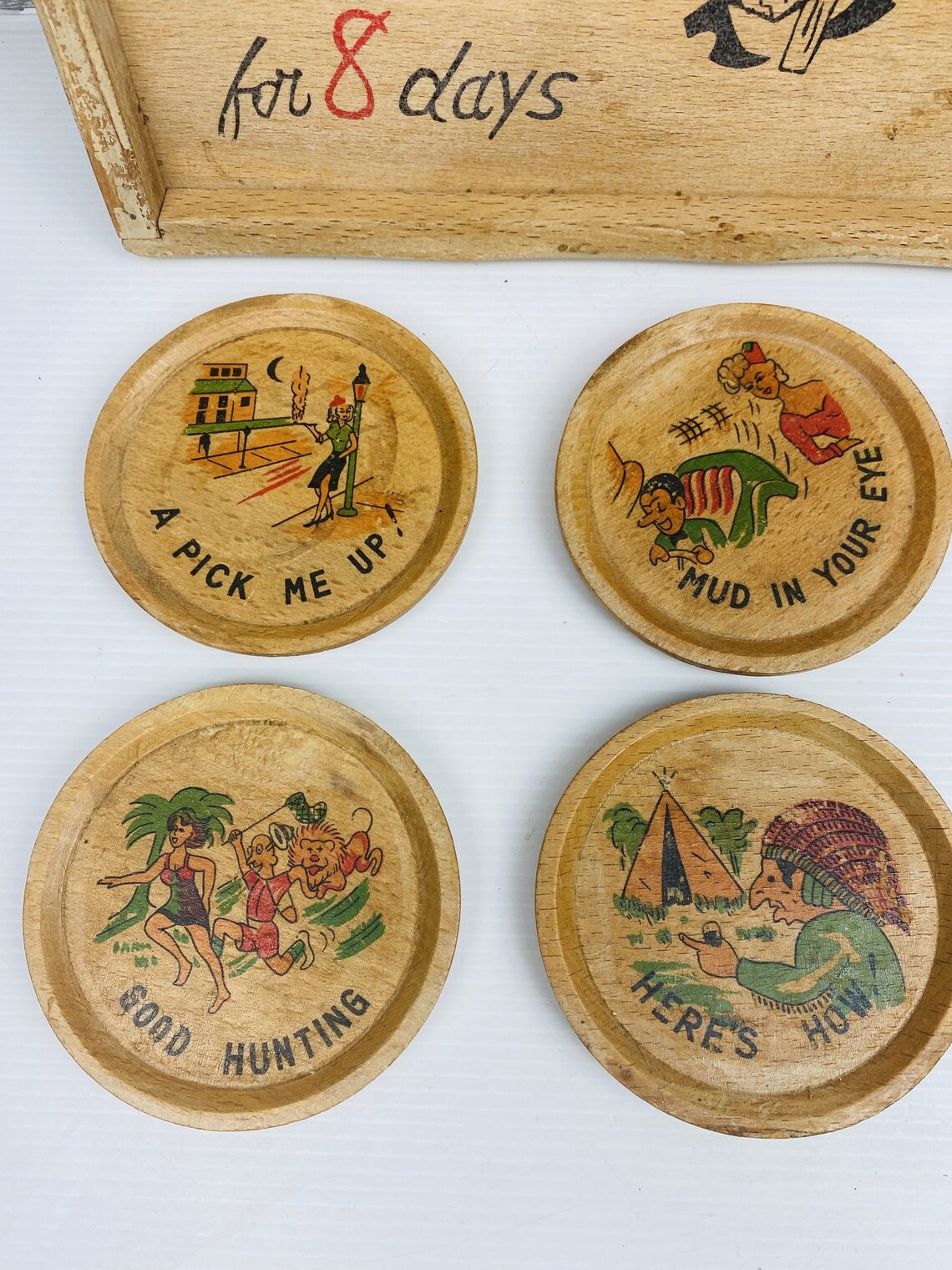 Vintage 6pcs Novelty Wooden Coaster Set & Tray 50s 60s Barware Etsy