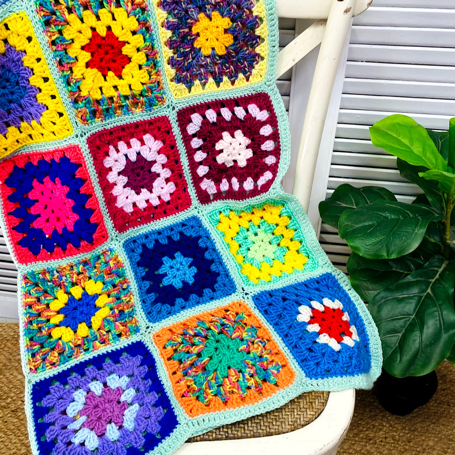 Hand Knitted Granny Square Blanket Throw Rugs Colourful Etsy
