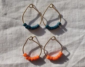 Handmade Brass with Recycled Glass Beads in Teal or Orange- Minimal Beaded Hoop Earrings