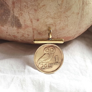 Handmade Brass Upcycled Vintage Greek Owl Coin Pendant Necklace