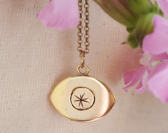 Handmade Brass or Eco Silver Evil Eye Pendant Necklace with Star Detail - Boho Eye Necklace - All-Seeing Eye Necklace - Talisman Eye Pendant