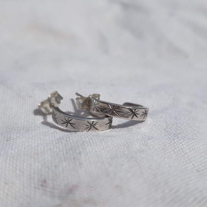 Handmade Recycled Sterling Silver Celestial Star Mini Hoop Earrings-Minimal Brass Hoops Delicate Star Earrings Silver