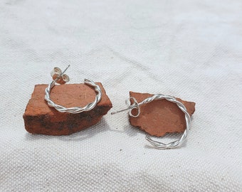 Handmade Recycled Sterling Silver or Brass Twisted Wire Mini Hoops- Minimal Delicate Hoop Earrings