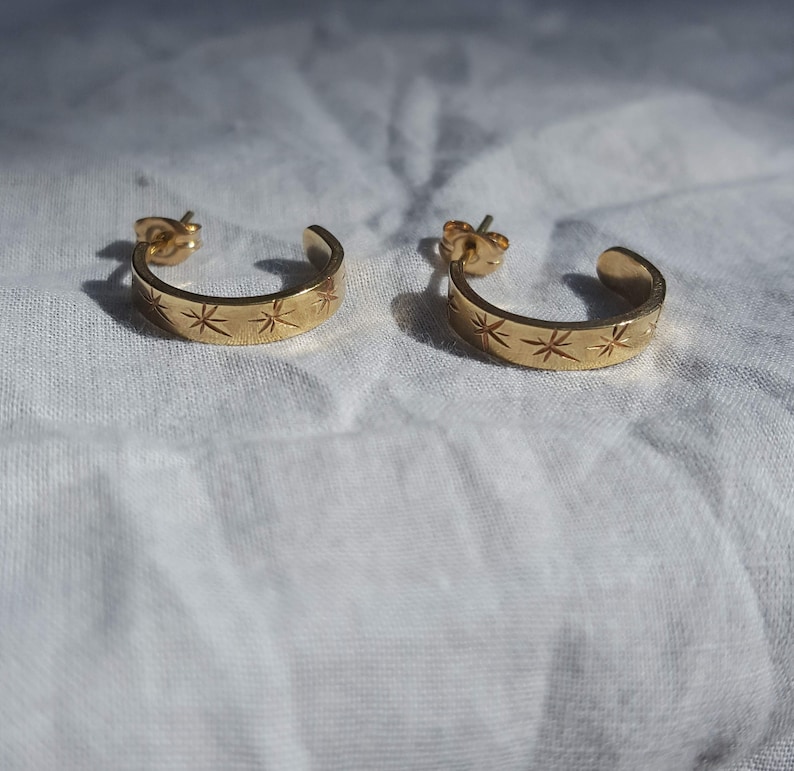 Handmade Recycled Sterling Silver Celestial Star Mini Hoop Earrings-Minimal Brass Hoops Delicate Star Earrings image 5