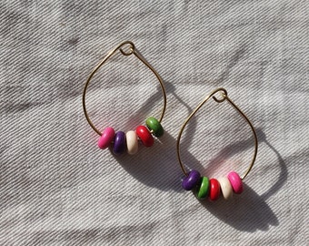 Handmade Brass Hoop Earrings with Multicoloured Magnesite Beads - Colourful Beaded Earrings