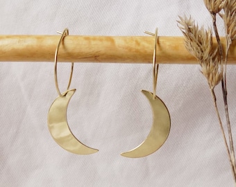 Handmade Brass or Recycled Sterling Silver Crescent Moon Hoop Earrings- Minimal Moon Earrings- Boho Crescent Moon Earrings- Witchy Earrings