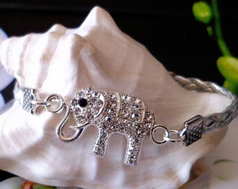 Bracelet Elephant Strass Cordon Plat Tressé Argent 17 Cm