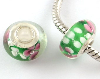 1 Perle Européenne Fleurs Fond Vert Noyau Sterling 925 Verre Lampwork 14 X 9 mm ,Grand Trou 5 mm Pour Bracelets Charms Style Pandora